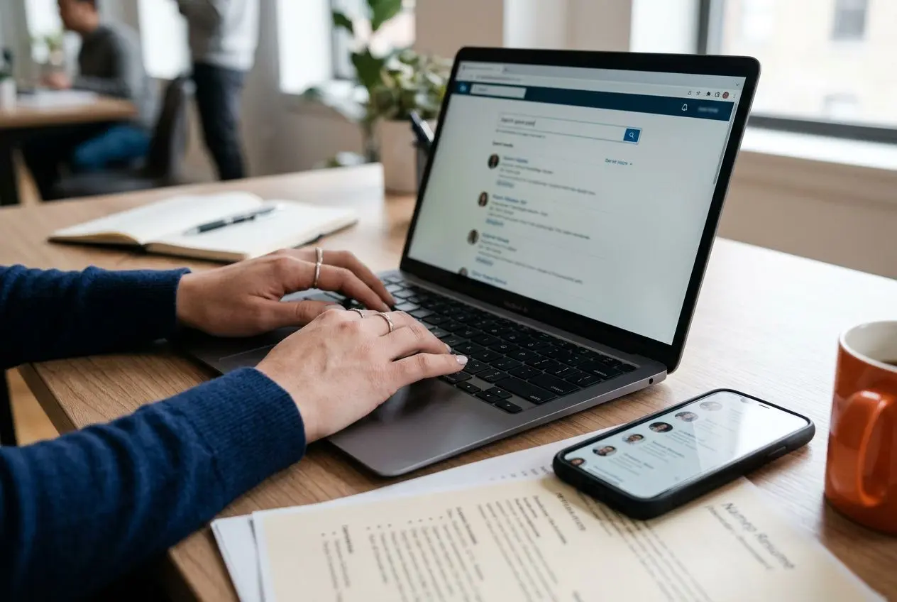 Personnalisation d’un texte sur un ordinateur portable et un smartphone; quelqu’un tape sur le clavier près d’un document, ambiance bureau. Intègre les 4 étapes du recrutement.
