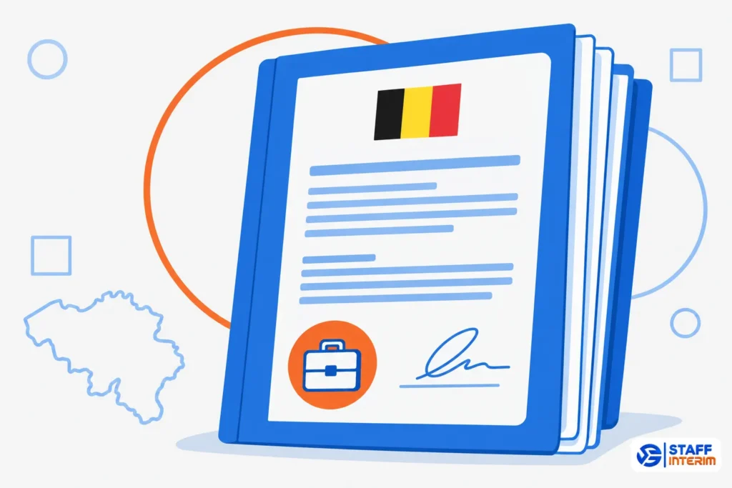 Pliant dossier bleu contenant des pages de documents à l’intérieur avec le drapeau belge en haut et une icône de sac