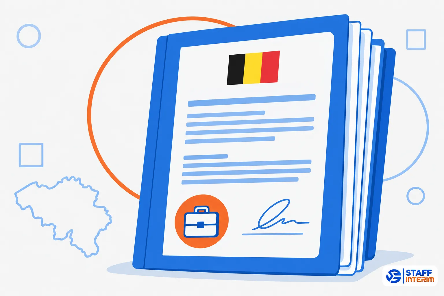 Pliant dossier bleu contenant des pages de documents à l’intérieur avec le drapeau belge en haut et une icône de sac