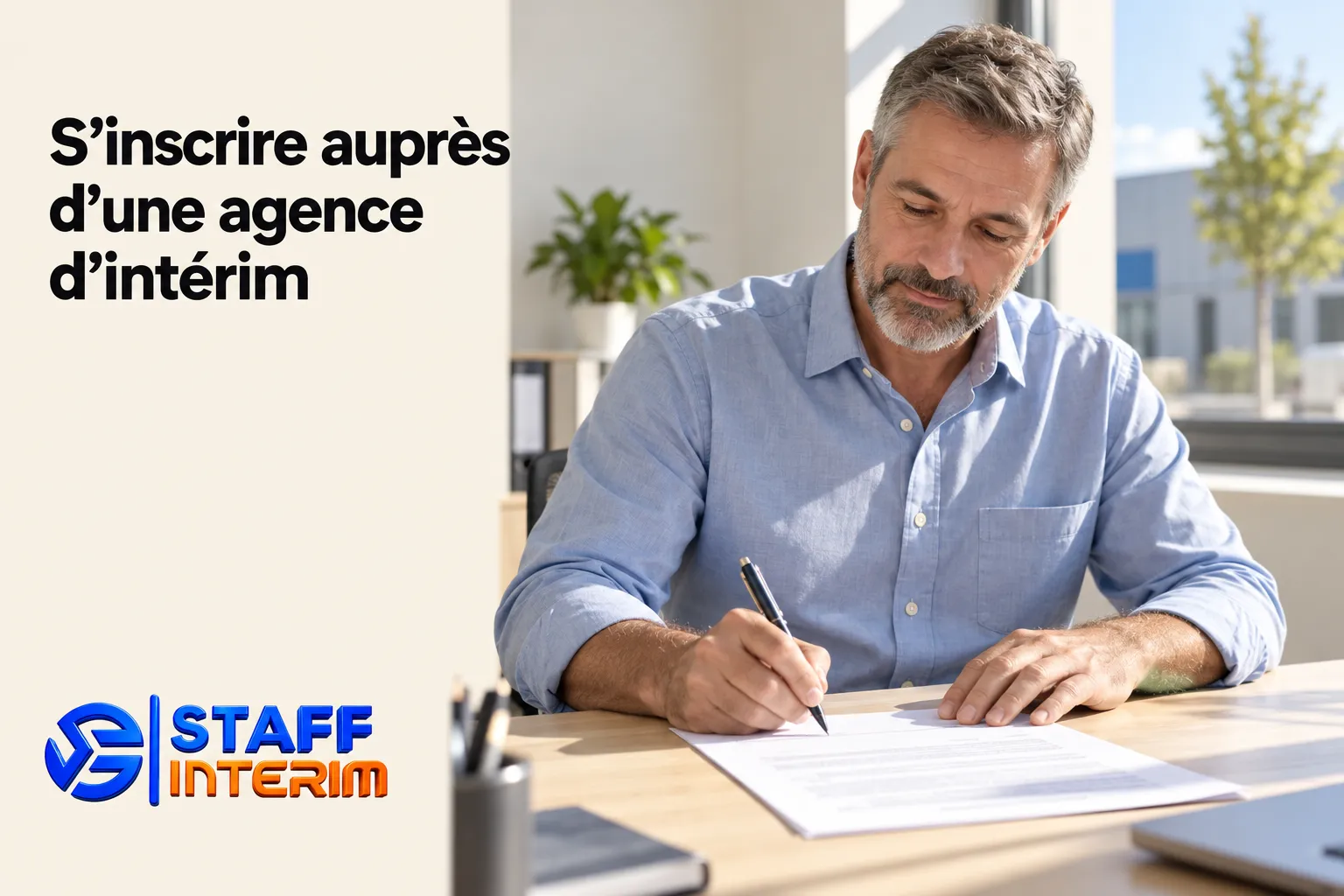 S’inscrire auprès d’une agence d’intérim avec un homme signant un formulaire, logo STAFF INTERIM en bas à gauche, ambiance bureau. agence interim brAine-lalleud (intégré naturellement).